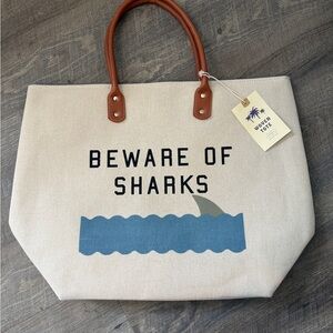 Beware of Sharks Canvas Tote Bag with Brown Handles